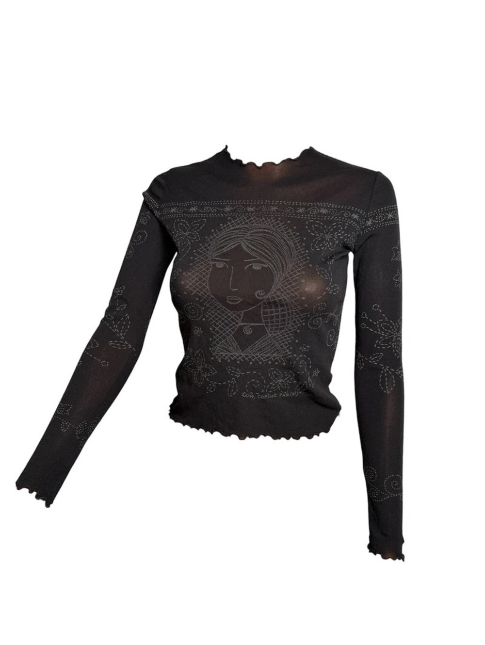 Vintage Cop Copine Y2K Mesh Top Face Print Long Sleeve